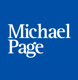 Logotipo de Michael Page con fondo azul.