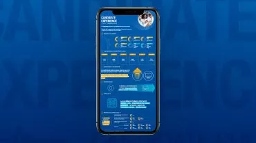 Infografía en un móvil con información sobre experiencia del candidato en fondo azul.