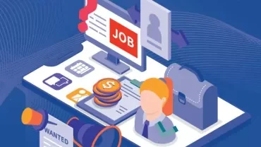 Ilustración de búsqueda de empleo con computadora y elementos relacionados.