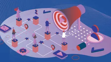 Ilustración de personas sobre plataformas conectadas, con un megáfono y gráficos en el fondo.