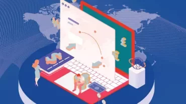 Ilustración de personas trabajando con un ordenador en el fondo de un mapa mundial.