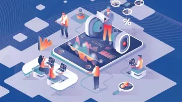 Ilustración de personas trabajando en una plataforma digital con gráficos y análisis de datos.