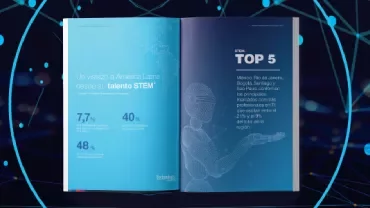 Infografía de talento STEM en América Latina con estadísticas destacadas.