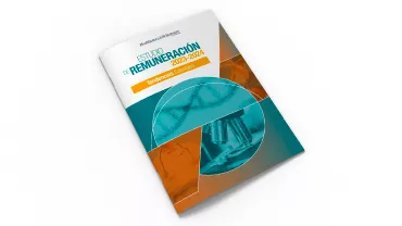 Portada de un informe de remuneración 2023-2024, diseño abstracto en tonos azul y naranja.