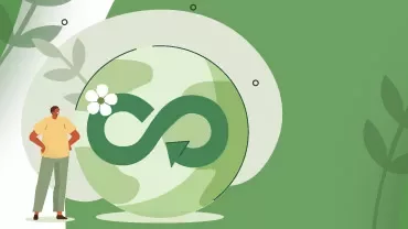 Símbolo infinito verde sobre un planeta con planta y figura.