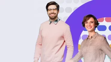 Personas sonrientes con fondo colorido y círculos.