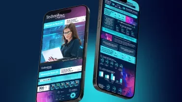 Smartphone con interfaz tecnológica en la pantalla delantera.