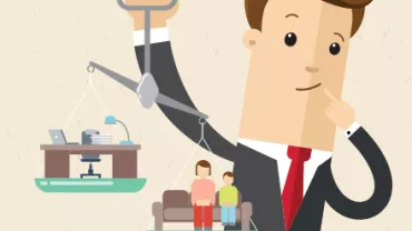 Ilustración de persona sosteniendo balanza con oficina y familia.