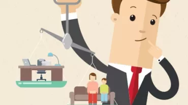 Ilustración de persona sosteniendo balanza con oficina y familia.