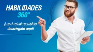 Persona sosteniendo una tableta, fondo azul, texto promocional sobre habilidades 360.