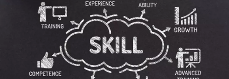 Diagrama de habilidades con conexiones a capacitación, experiencia y crecimiento.