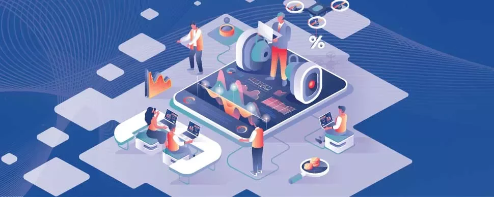 Ilustración de personas trabajando en una plataforma digital con gráficos y análisis de datos.