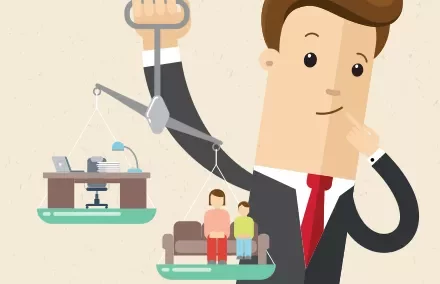 Ilustración de persona sosteniendo balanza con oficina y familia.